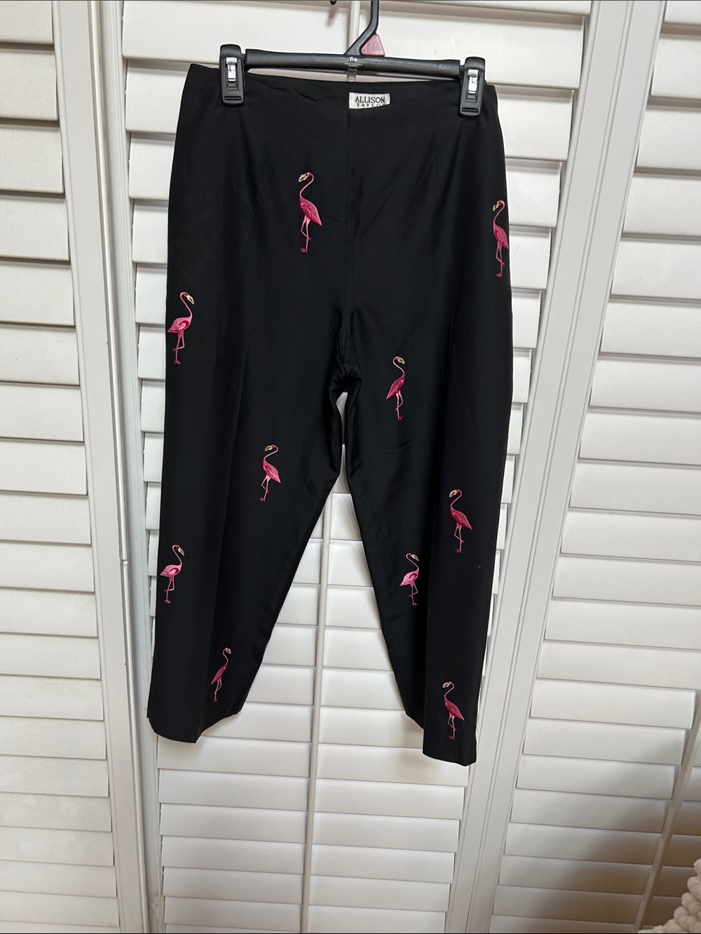 Allison Taylor Black Ankle Pants with Pink Flamingo Embroidery